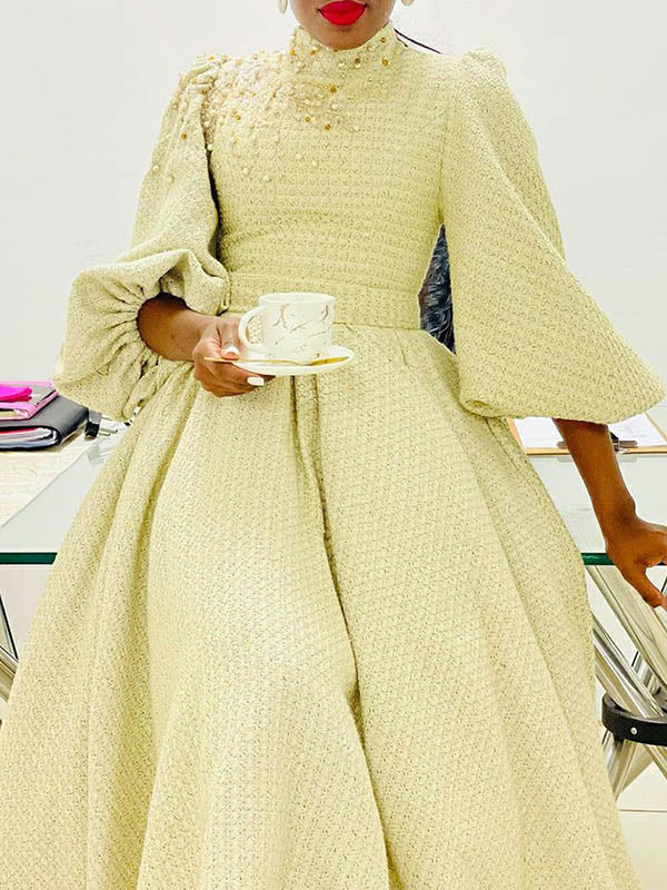 Simple Round-Neck Puff Sleeve Empire A-Line Midi Dress