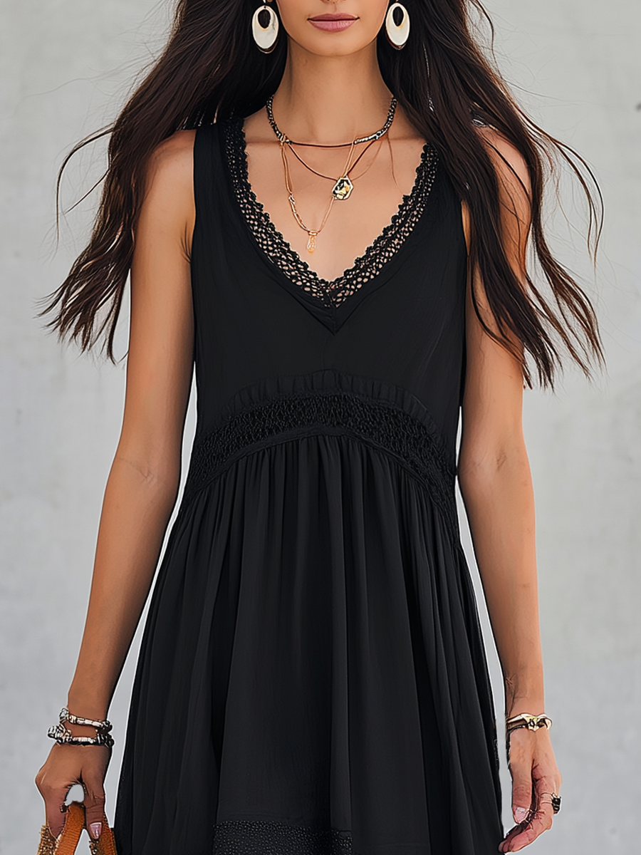 Graceful Black Lace V-Neck Midi Dress