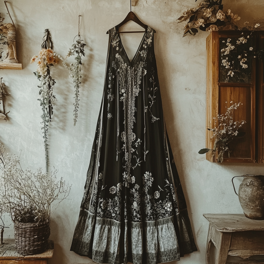 Boho Floral Embroidered Pattern Lace Linen Dress