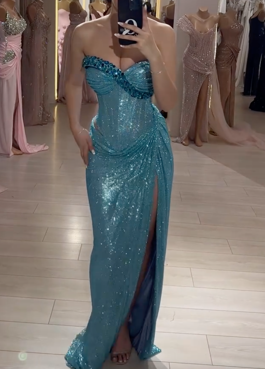 Turquoise Glitter Strapless Maxi Dress with Blue Gemstone Neckline & High Thigh Slit