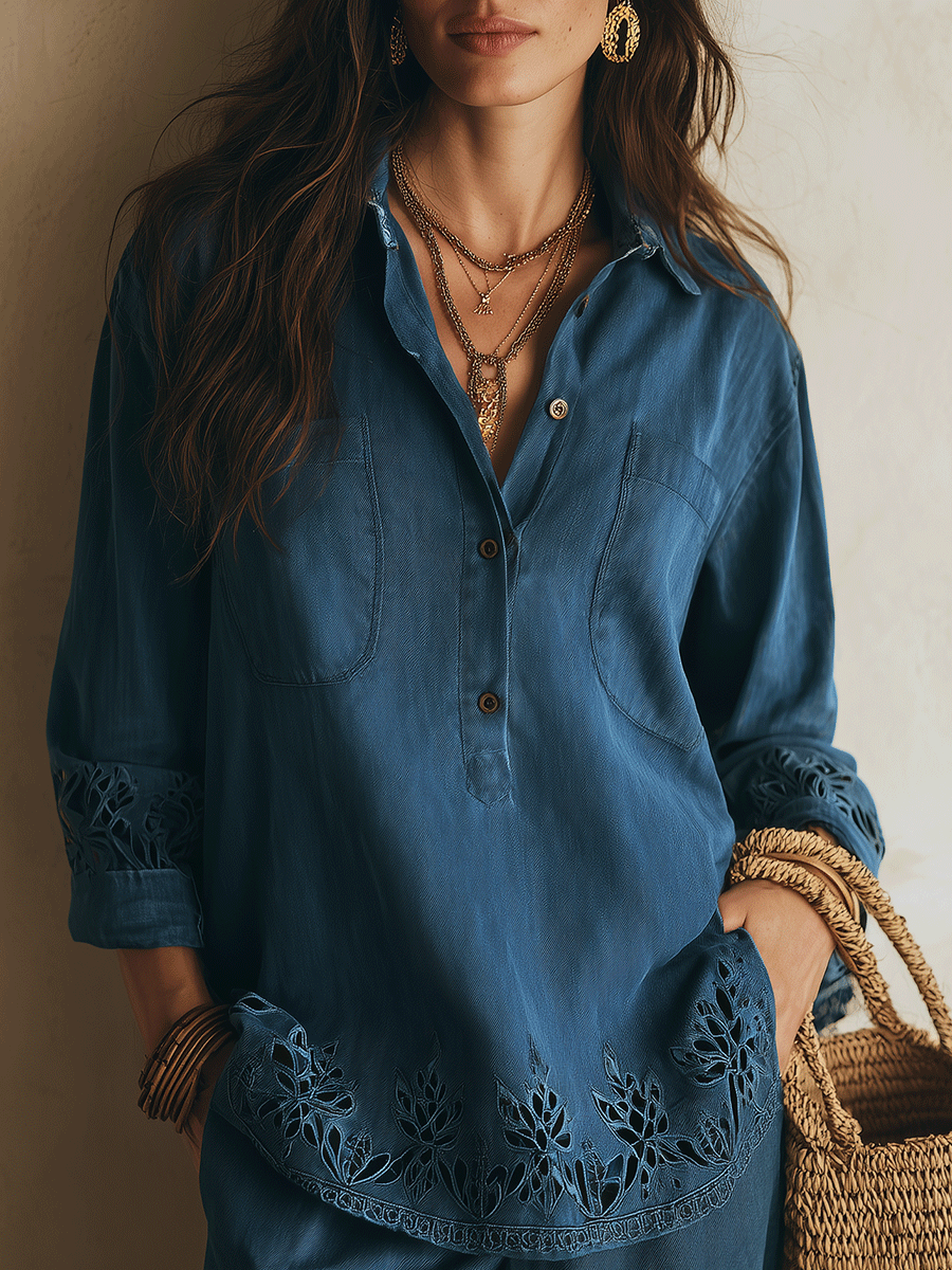 Elegant Vacation Lace Cutwork Detail Blue Tunic Shirt
