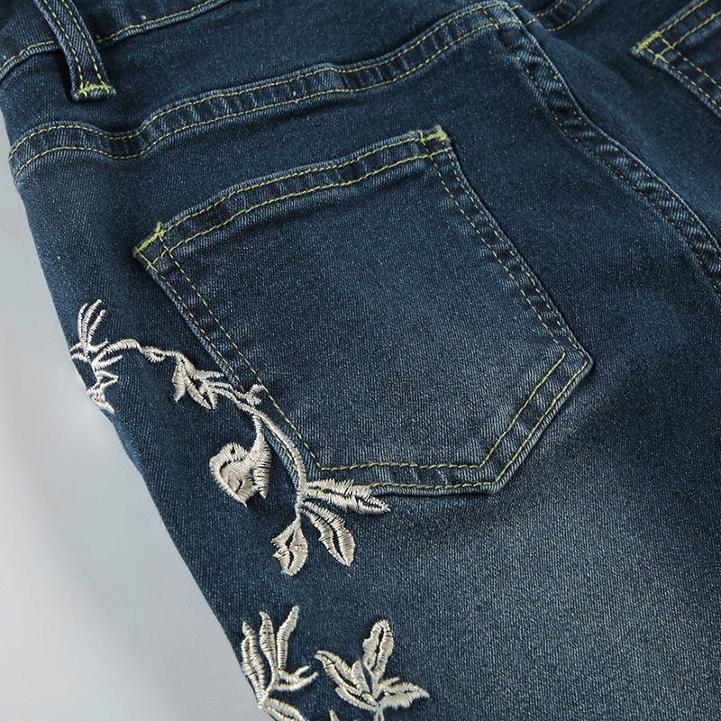Vintage Bohemian Rose Embroidered Washed Flared Jeans