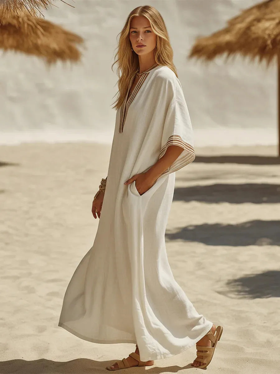 Loose-fitting, Casual Resort-style Linen And Cotton Dress