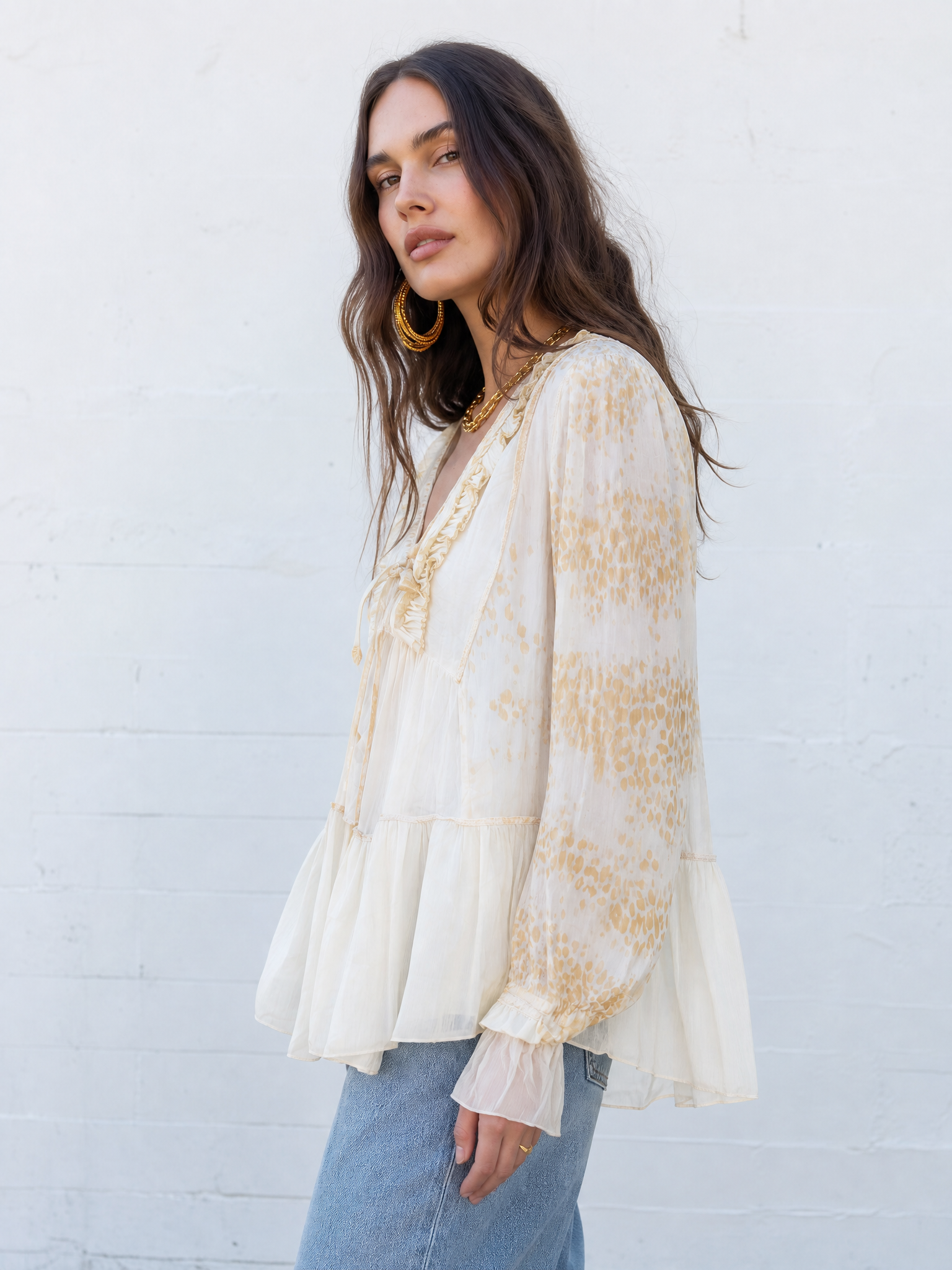 Leopard Print V-Neck Ruffle Tie-Front Blouse with Bishop Sleeves