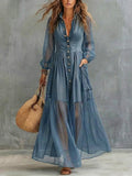 Women's Retro Lapel Denim Organza Patchwork Art Casual Maxi Dress