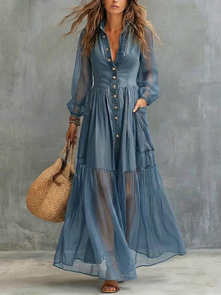 Women's Retro Lapel Denim Organza Patchwork Art Casual Maxi Dress