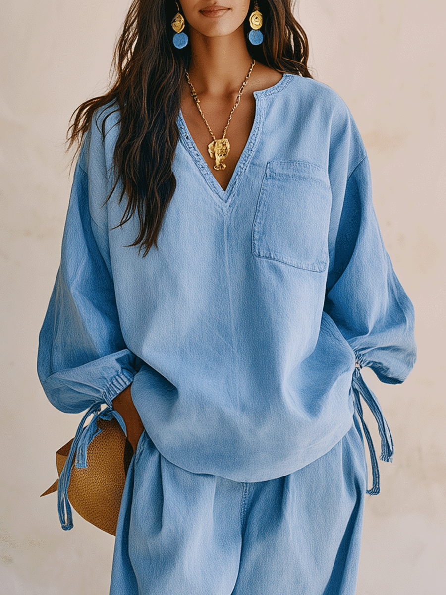 Women's Denim Two-Piece Set - V-Neck Tie-Sleeve Top & Wide Leg Pants