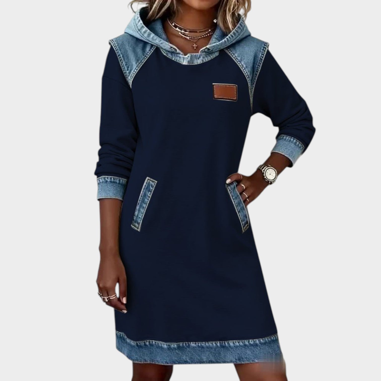 Casual Denim Trim Hoodie Dress