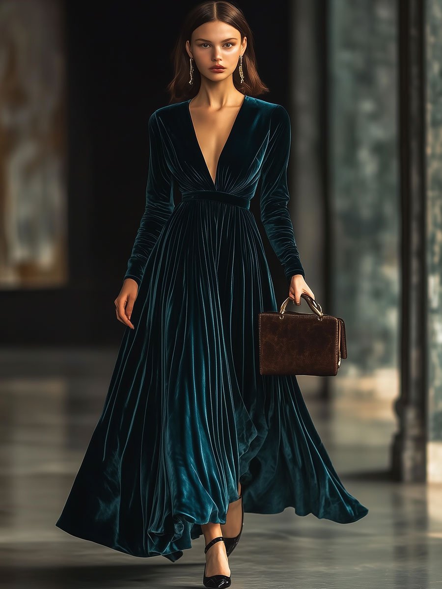 [24-hour shipping out]V-Neck Fashion Party Solid Color Velvet Long-Sleeved Maxi Dress