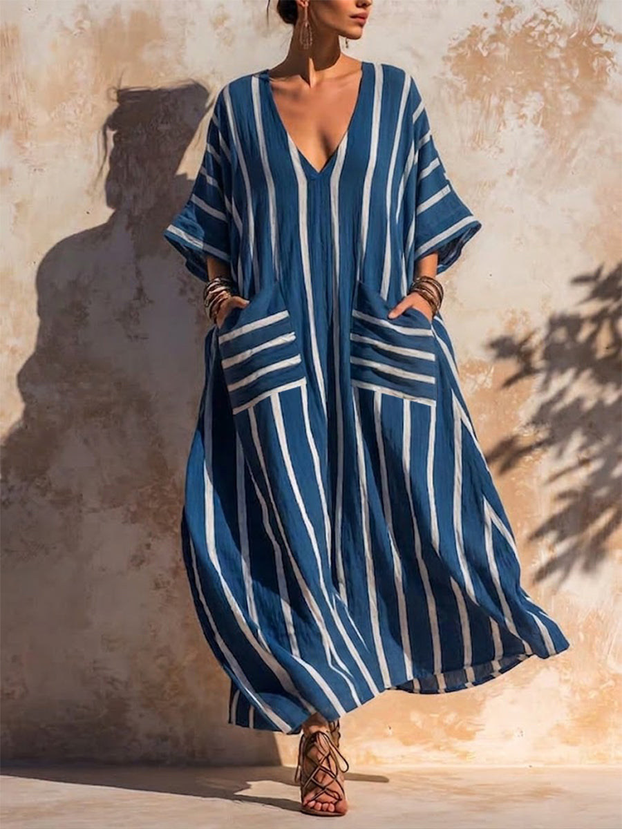 Casual Loose-fit Striped Linen And Cotton Dress