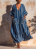 Casual Loose-fit Striped Linen And Cotton Dress
