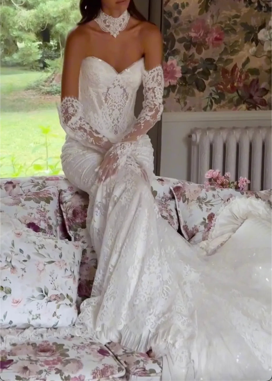 Sweetheart Off Shoulder Lace Mermaid Wedding Dress Detachable Long Lace Sleeves Vintage Bridal Gown