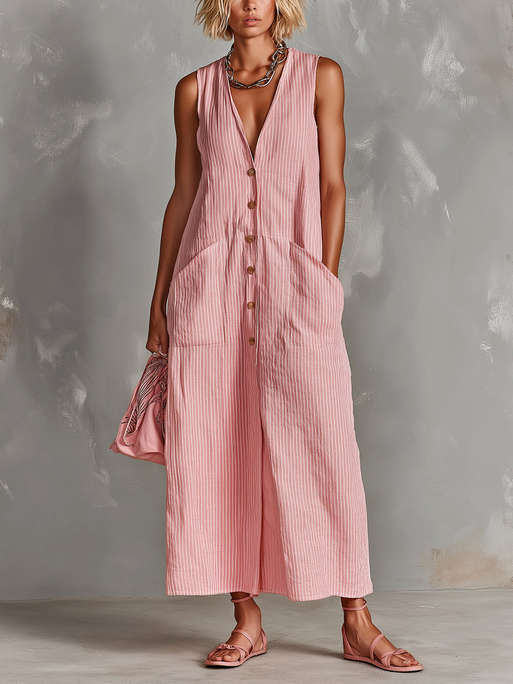 Pink White Striped V-neck Sleeveless Single-breasted Patch Pocket Maxi Dress