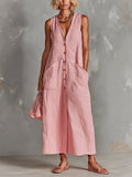 Pink White Striped V-neck Sleeveless Single-breasted Patch Pocket Maxi Dress
