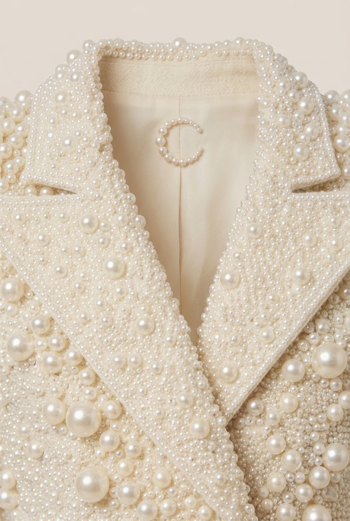 Luxury Ivory White Pearl Embellished Blazer Dress | Heavy Beaded Mini Dress