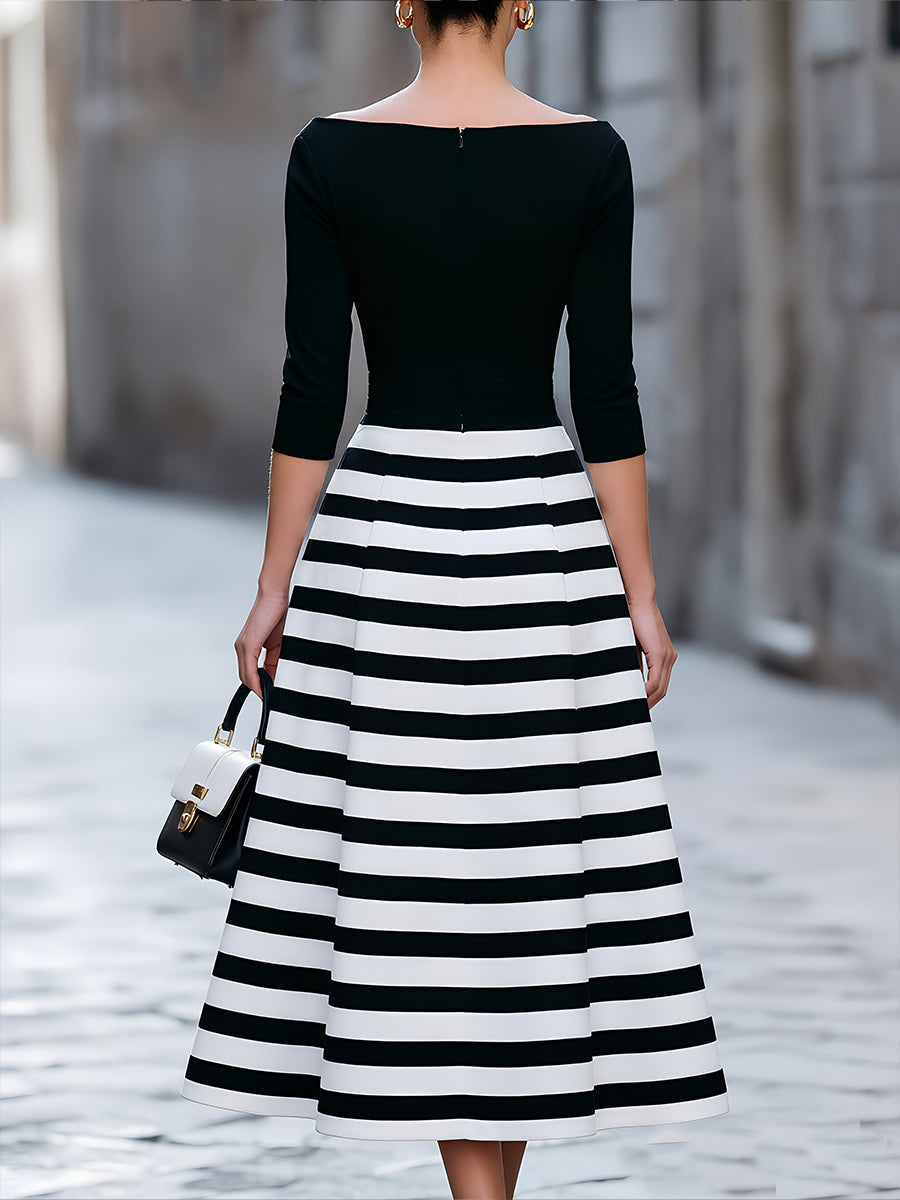 Black And White Striped Boat Neck Midi Dress