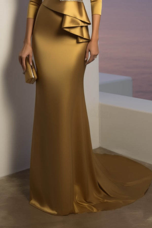 Formal Evening Dress Gold V Neck Maxi Satin Dress