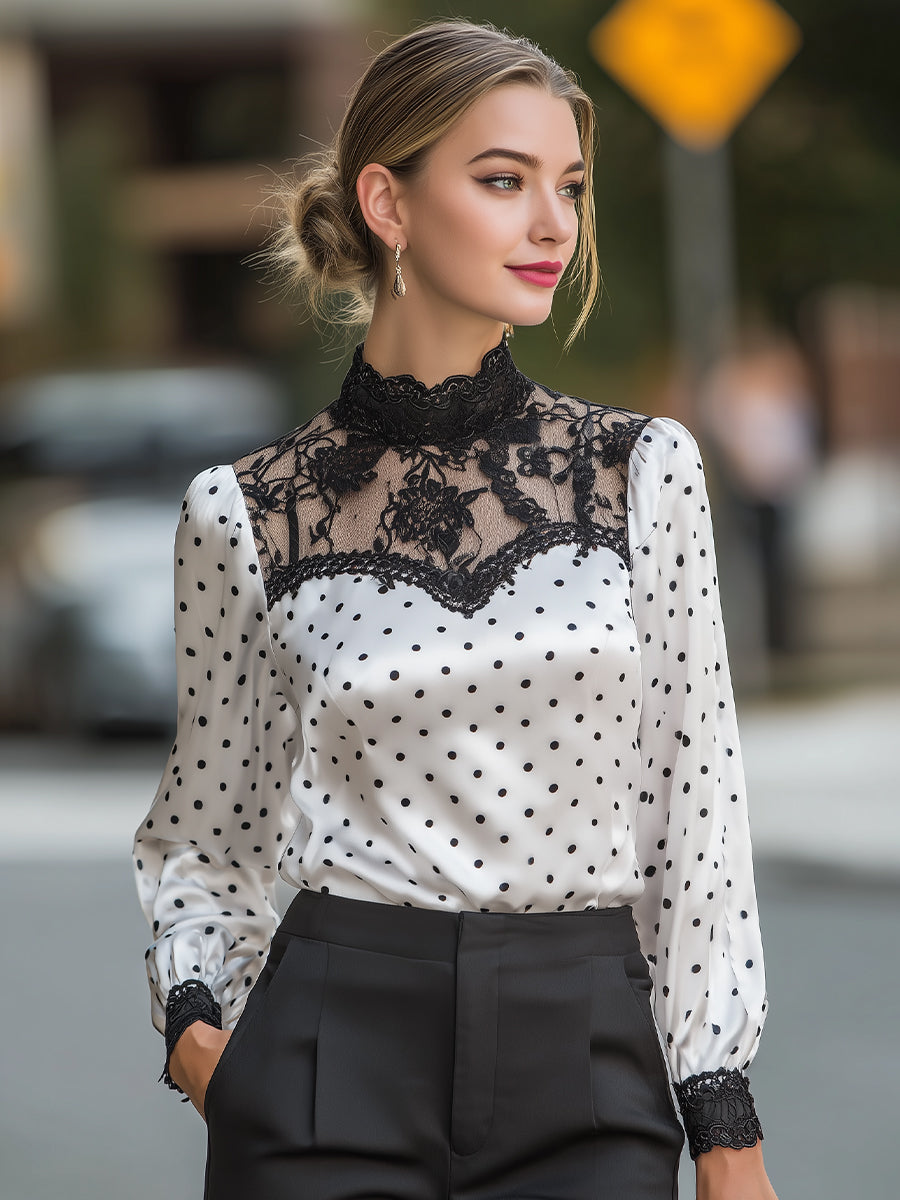 Polka-Dot Satin Lace-Yoke Long-Sleeve Blouse