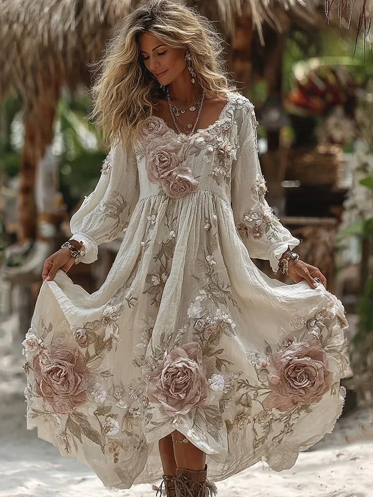 Women's Vintage Romantic White Rose Embroidery Art Comfy Linen Maxi Dress