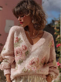 Vintage Boho Roses V Neck Cozy Knit Sweater