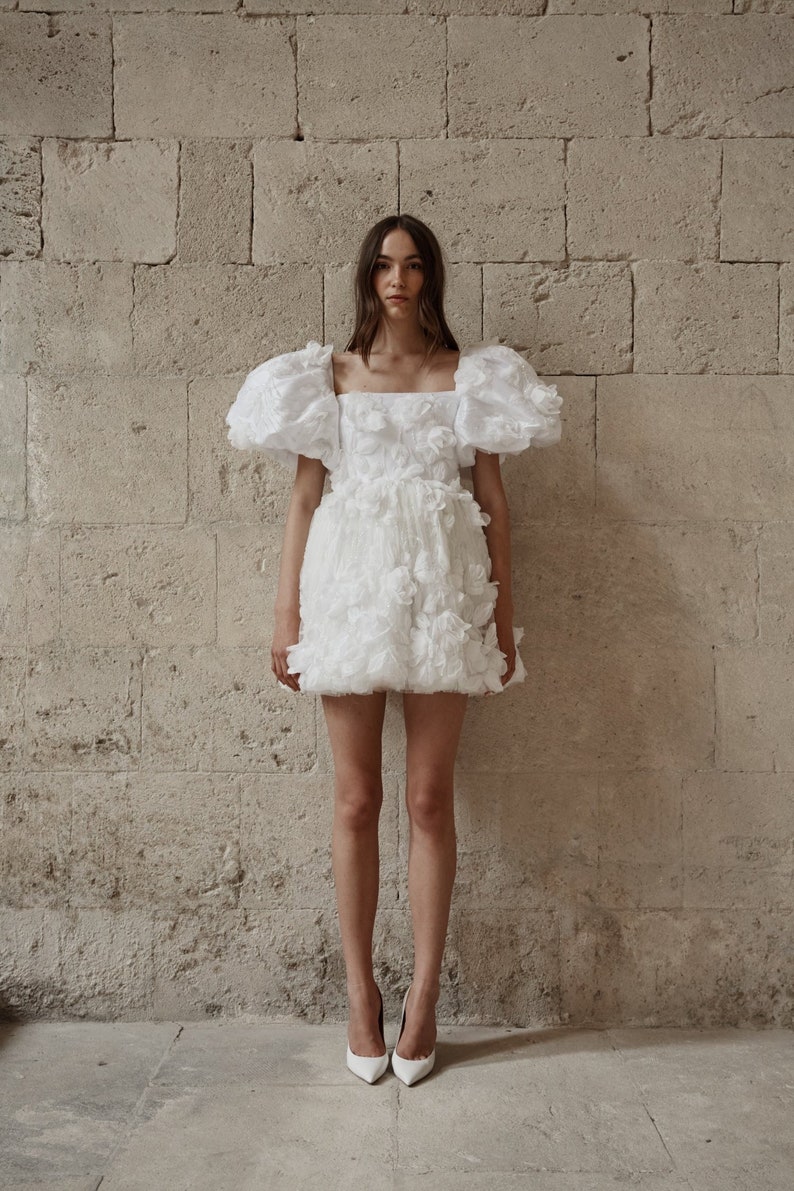 Custom short wedding dress for the bride. Beaded wedding dress with beautiful fabric. Puffy  sleeve short wedding dress.