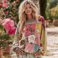 Women's Vintage Rose Floral Patchwork Crew Neck Casual Sweatshirt