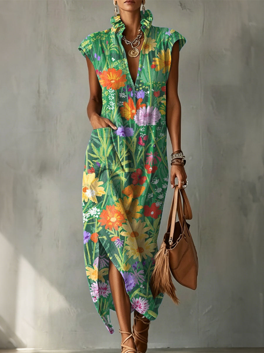 Colorful Floral Decorative Pattern Women's Bud Collar Linen Cotton Dress