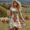Women's Vintage Patchwork Floral Art Cozy Knit Sweater Dress