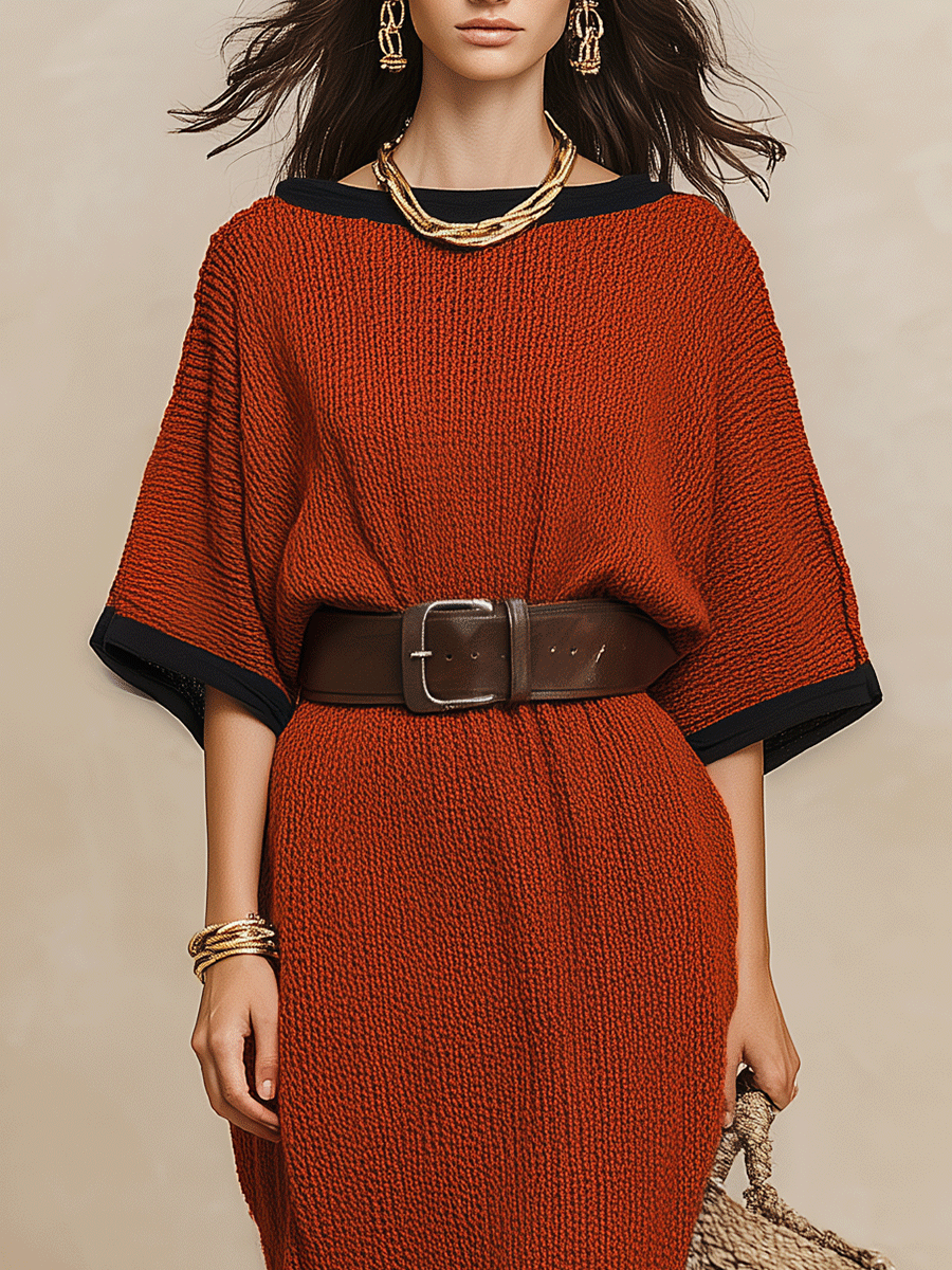 Minimalist Autumn Sweater-Knit Round-Neck Cocoon Brick Red Maxi Dress