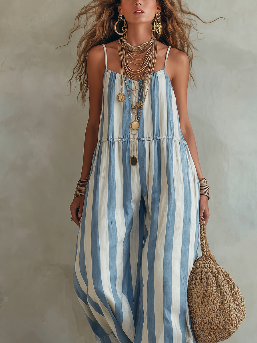 Vacation Style Blue And White Striped Strappy Jumpsuit
