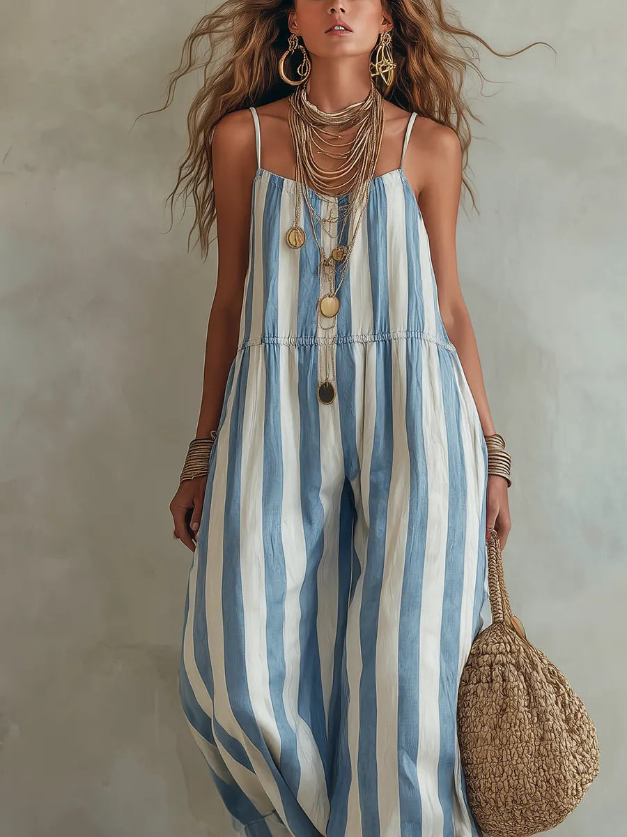 Vacation Style Blue And White Striped Strappy Jumpsuit
