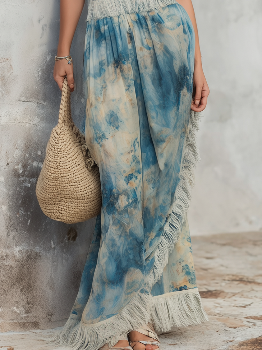 Artistic Print Fringe Trim Maxi Dress