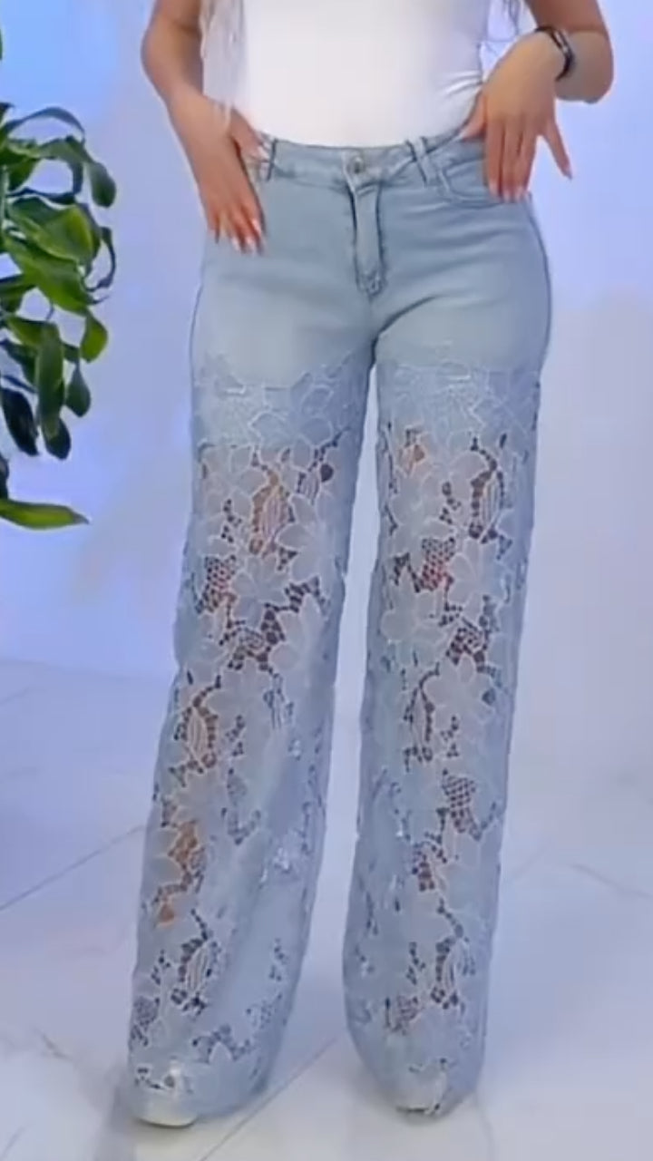 Light Wash Lace-Overlay Wide-Leg Jeans