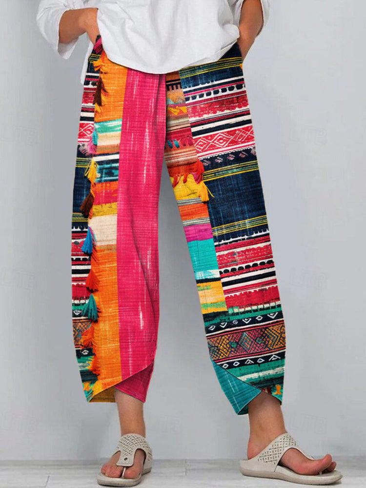 Colorful Geometric Pattern Tassel Linen Blend Pants