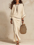 Minimalist Boho Linen Loose Side-Slit Beige Maxi Skirt Set