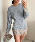 Satin & Lace Paneled Dress with Pearl-Embellished Mesh Belt — Two-Piece Set