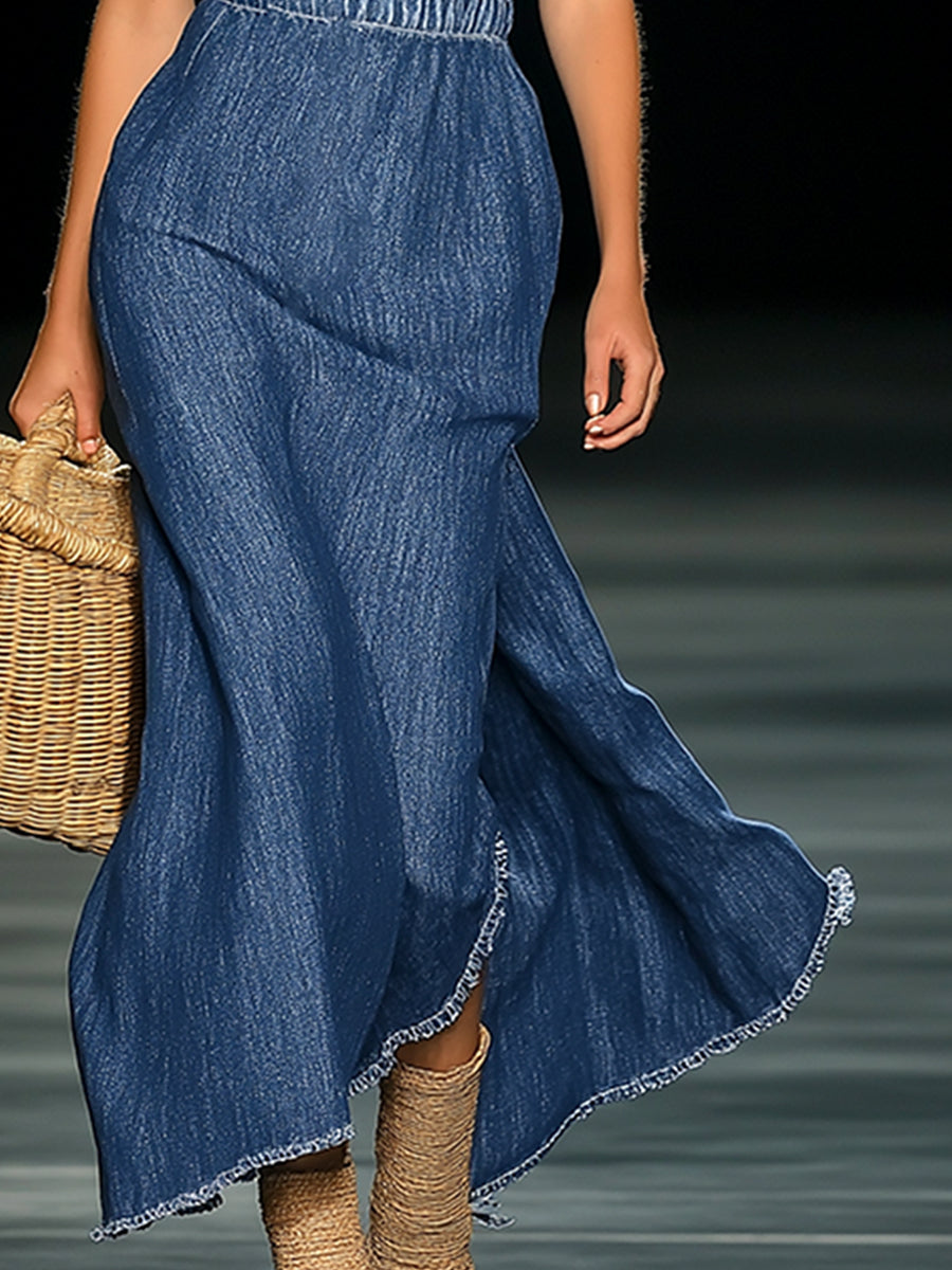 [24-hour shipping out]Elegant Strapless Denim 3D Floral Maxi Dress