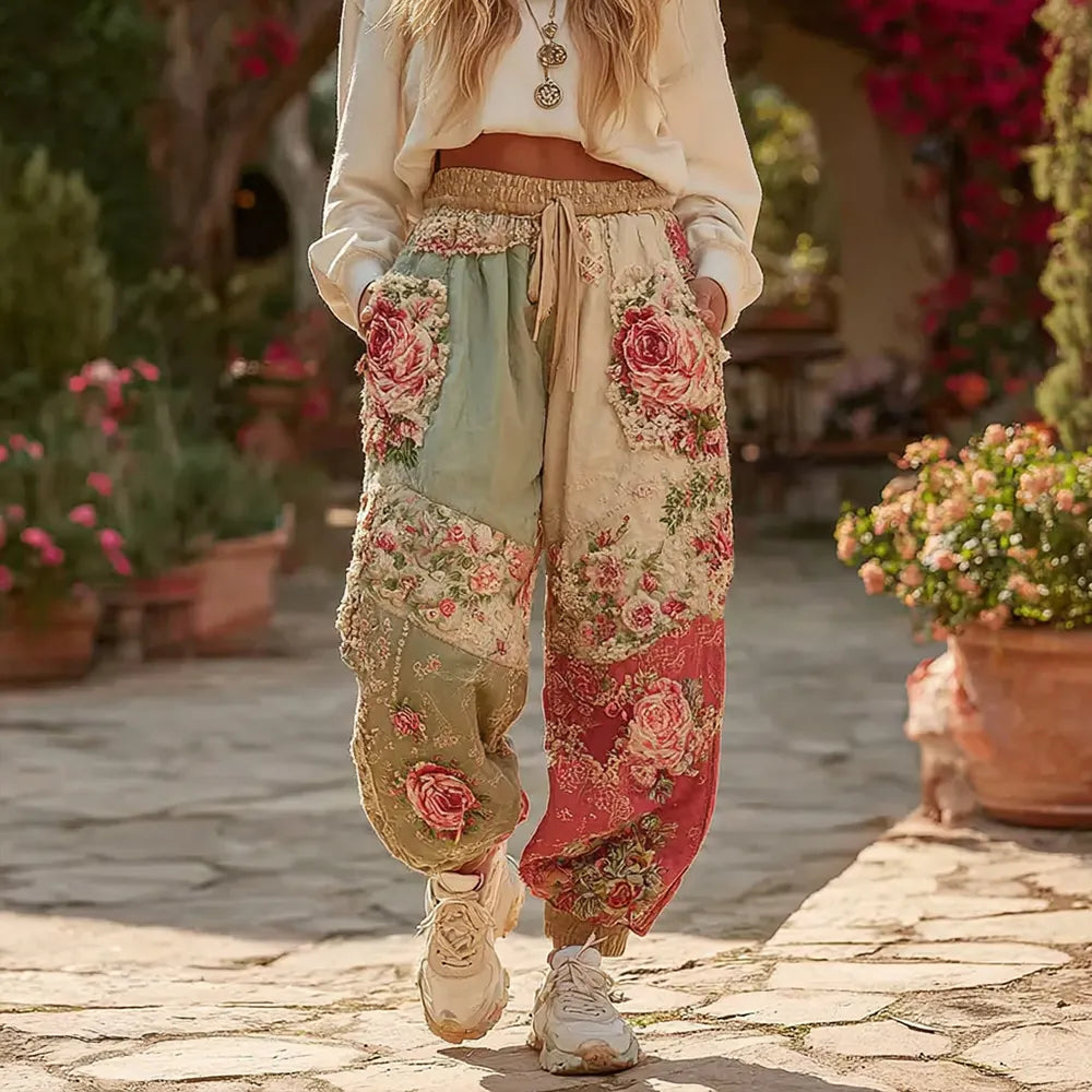 Women's Vintage Floral Patchwork Art Print Casual Sweatpants
