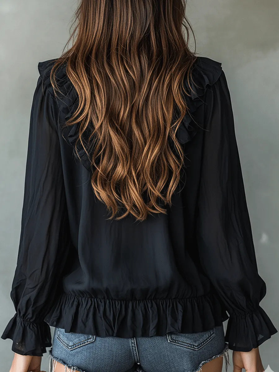Romantic Bohemian Ruffle Trim V-Neck Lightweight Black Blouse