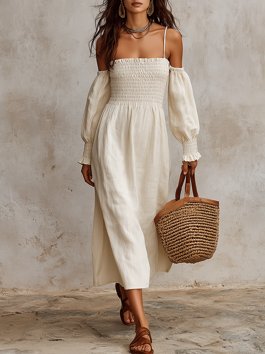 Bohemian Smocked Linen Off-Shoulder Maxi Dress