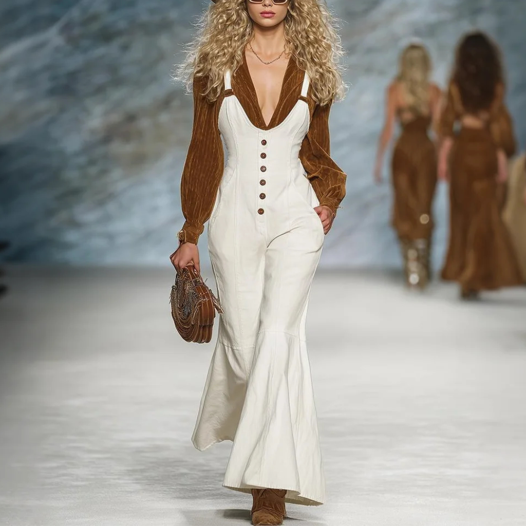 Women's Vintage Elegant White Jumpsuit With Brown Velvet