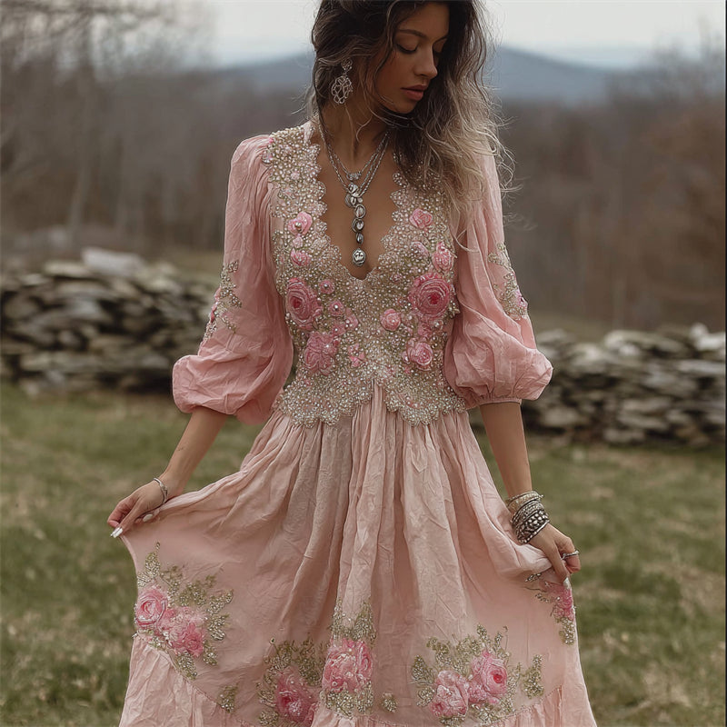 Vintage Pink Roses Embroidered Lace Linen Maxi Dress