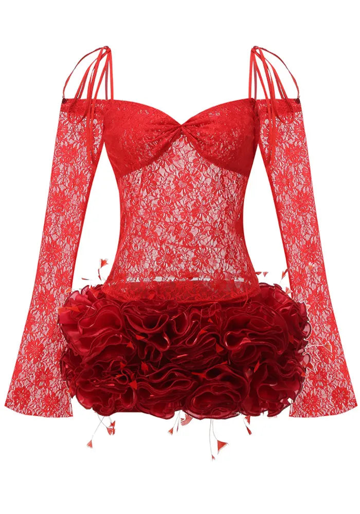 Long Sleeve Lace Floral Ruffle Dress Red