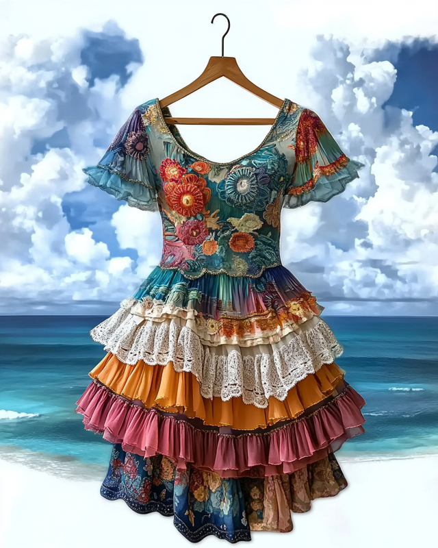 Summer colorful vacation patchwork cotton and linen contrast dress 39a3