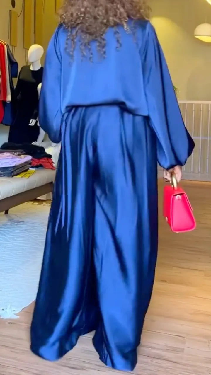 Satin V-Neck Blouse & Wide-Leg Pants Set