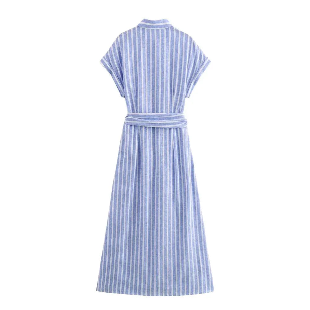 Alira Blue Stripe Shirt Dress – Button Front Midi Belted Summer Dress with Collar